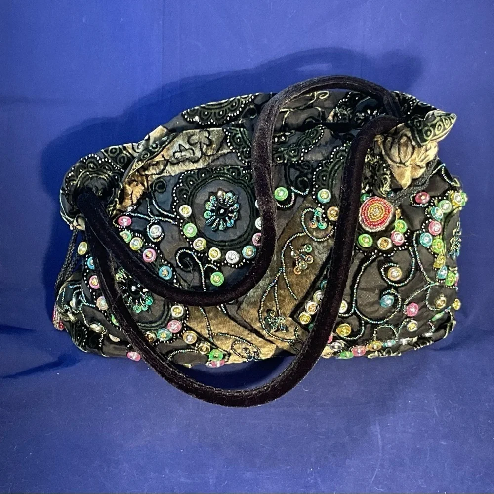 Rare Boho Vintage Beaded Velvet Evening Bag Embroidered Floral Jewel Purse
